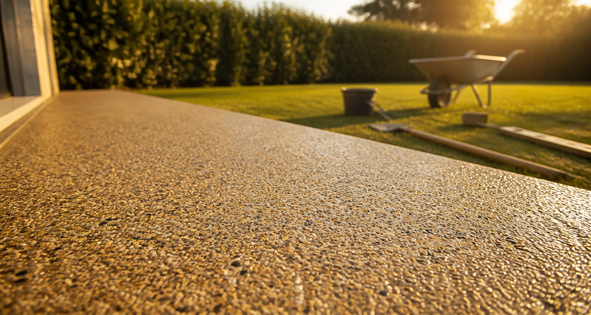 beton lavé terrasse vue jardin granuleuse