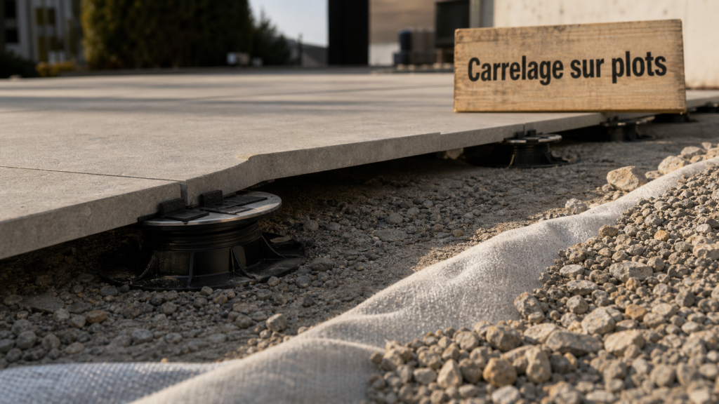 Carrelage sur plot inconvenients : dalles sur plots, cale caoutchouc visible
