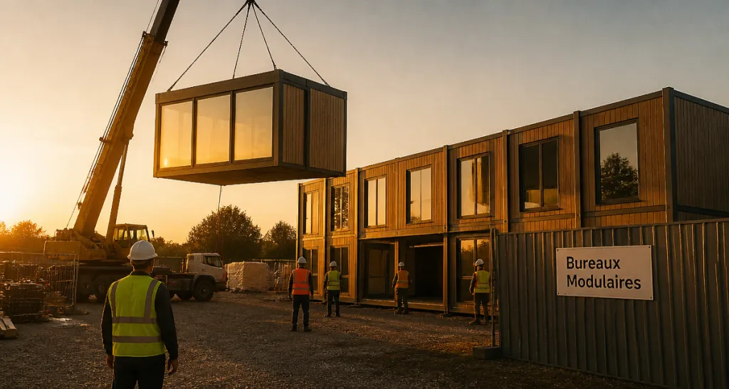 Construction bureaux modulaires grue ouvriers