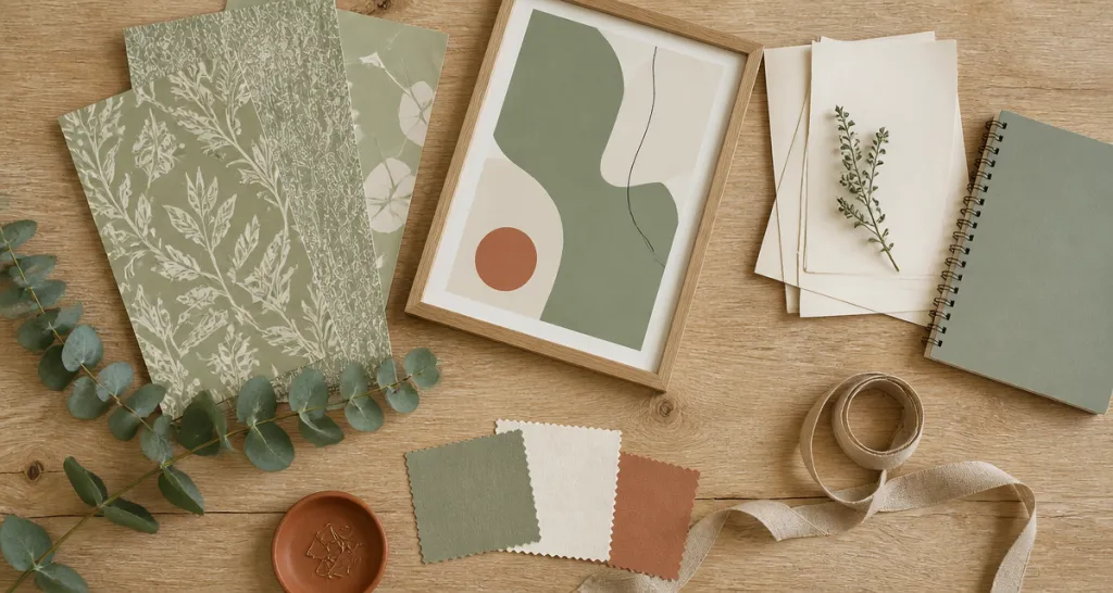Décoration murale vert sauge avec échantillons et accessoires