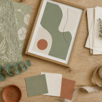 Décoration murale vert sauge avec échantillons et accessoires