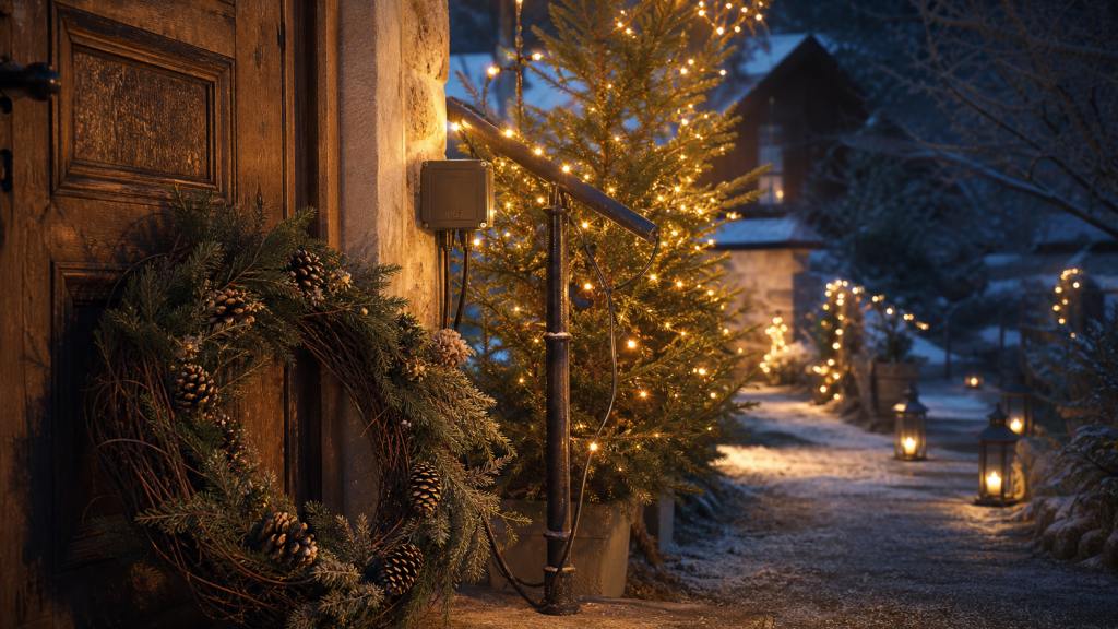 Decoration noel exterieur : couronne, guirlandes LED et lanternes dans un jardin hivernal sécurisé