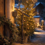 Decoration noel exterieur : couronne, guirlandes LED et lanternes dans un jardin hivernal sécurisé