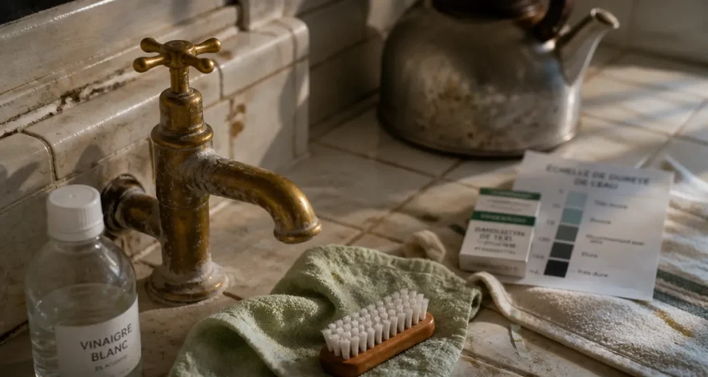 Eau calcaire solution : robinet terni, traces de calcaire et test de dureté