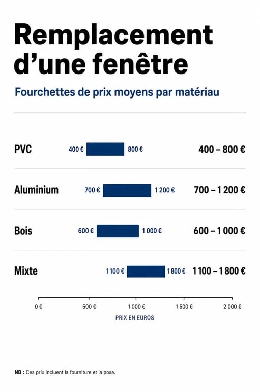 Tableau comparatif des prix de remplacement de fenêtre par matériau : PVC, Aluminium, Bois et Mixte.