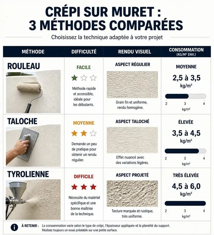Tableau comparatif des méthodes d'application de crépi pour muret extérieur