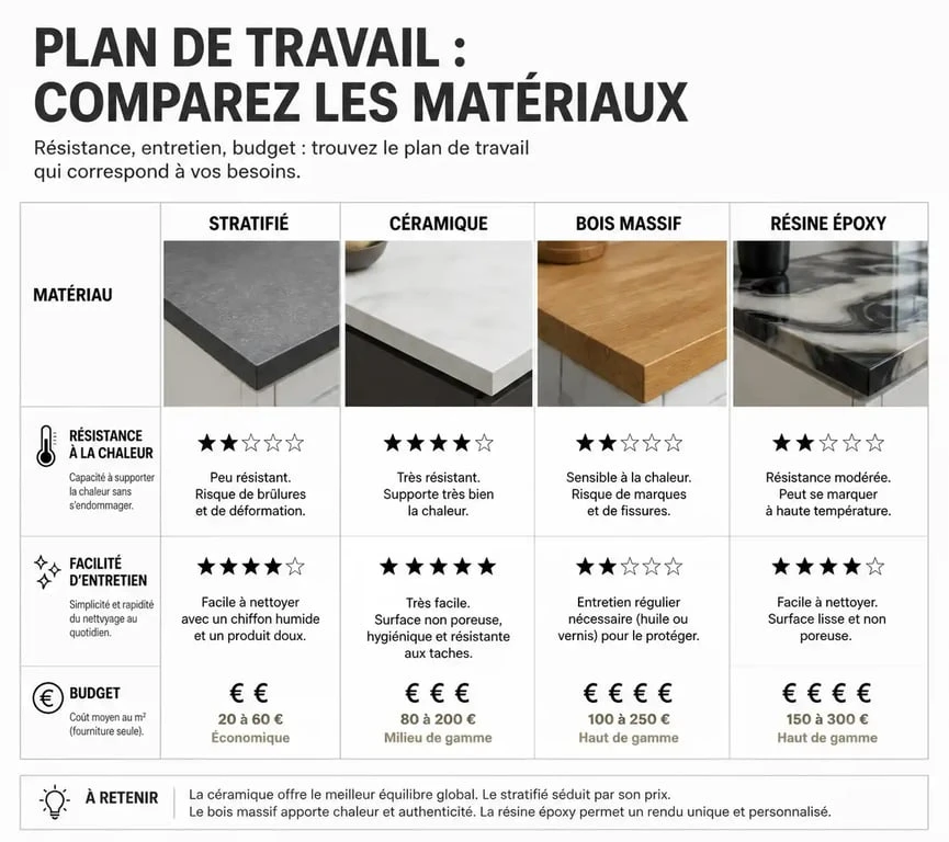 Comparatif des matériaux pour revêtement de plan de travail cuisine : stratifié, céramique, bois et résine.