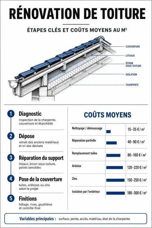 Infographie sur le coût et les étapes d'une toiture à refaire