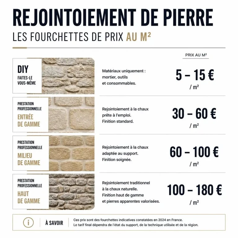 Infographie des prix au m2 pour le rejointoiement de pierre et les coûts de rénovation de mur en pierre