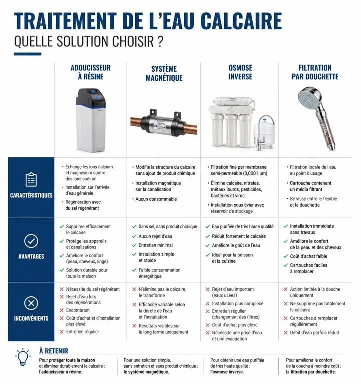 Infographie comparative des solutions contre l'eau calcaire pour le traitement domestique