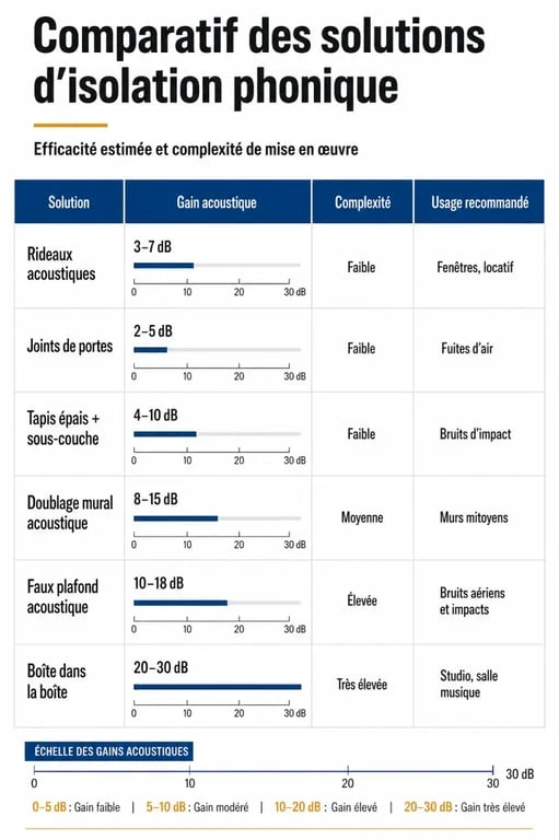 Tableau comparatif des solutions pour isoler phoniquement une pièce