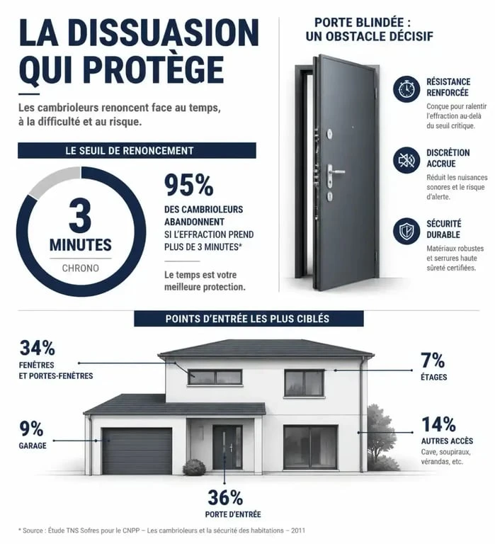 Infographie sur la dissuasion cambriolage : statistiques clés et points de sécurité pour protéger son domicile