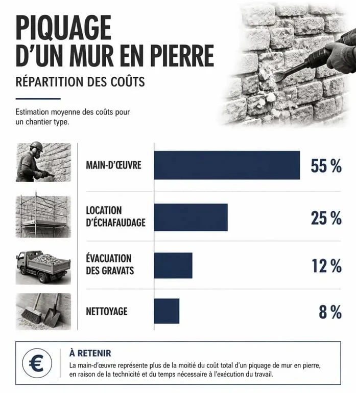 Répartition des coûts pour le piquage d'un mur en pierre au m2 : main-d'œuvre, échafaudage et évacuation des gravats.