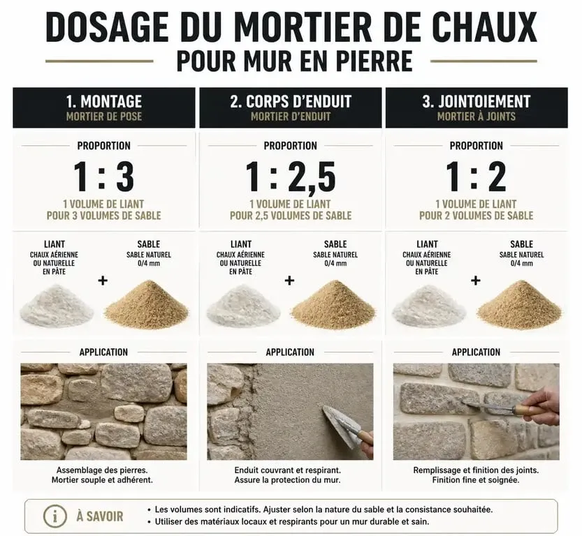 Infographie des dosages de mortier de chaux pour mur en pierre