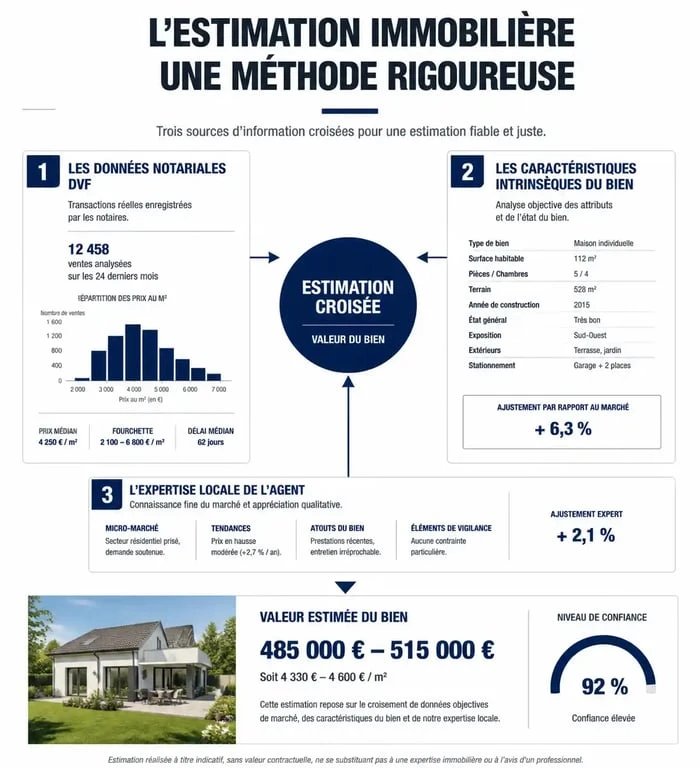 Infographie expliquant le processus d'estimation immobilière Solvimo avec les données DVF et l'expertise locale
