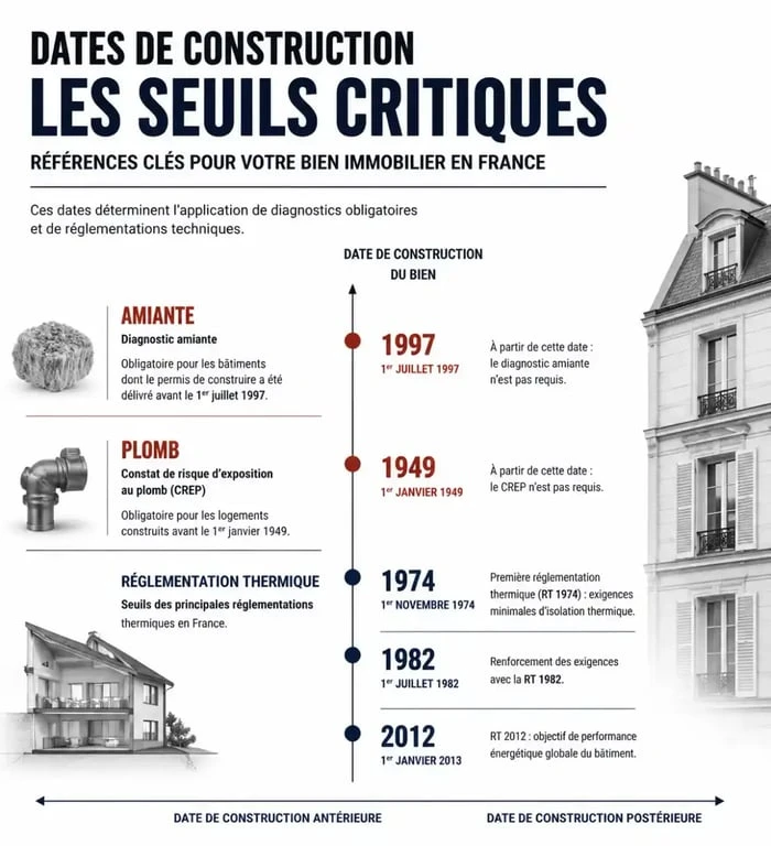 Infographie des seuils réglementaires liés à la date de construction d'un bien immobilier en France