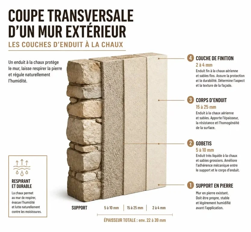Schéma des étapes d'application d'un enduit à la chaux sur un mur extérieur