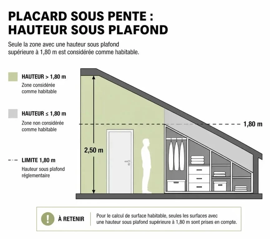 Schéma explicatif du calcul de la surface habitable et des placards selon la hauteur sous plafond de 1,80m