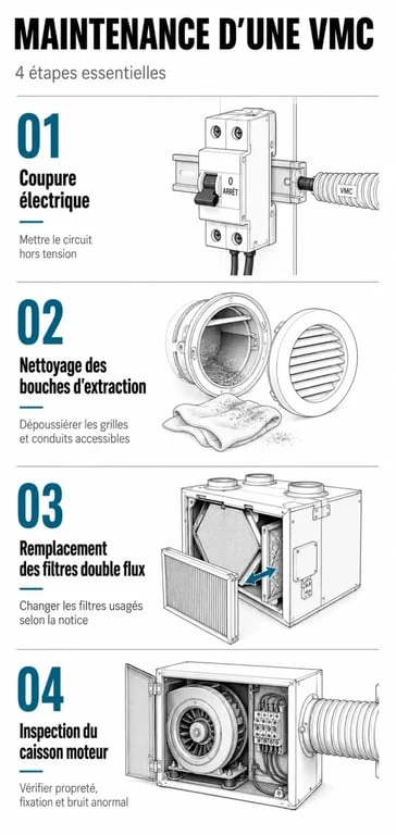 Infographie des étapes clés pour la maintenance VMC et l'entretien de la ventilation mécanique contrôlée