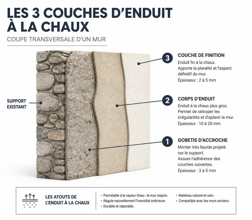 Schéma des trois couches d'application d'un enduit à la chaux sur une façade