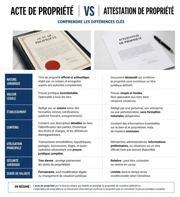 Infographie comparative : acte de propriété vs attestation de propriété pour maison