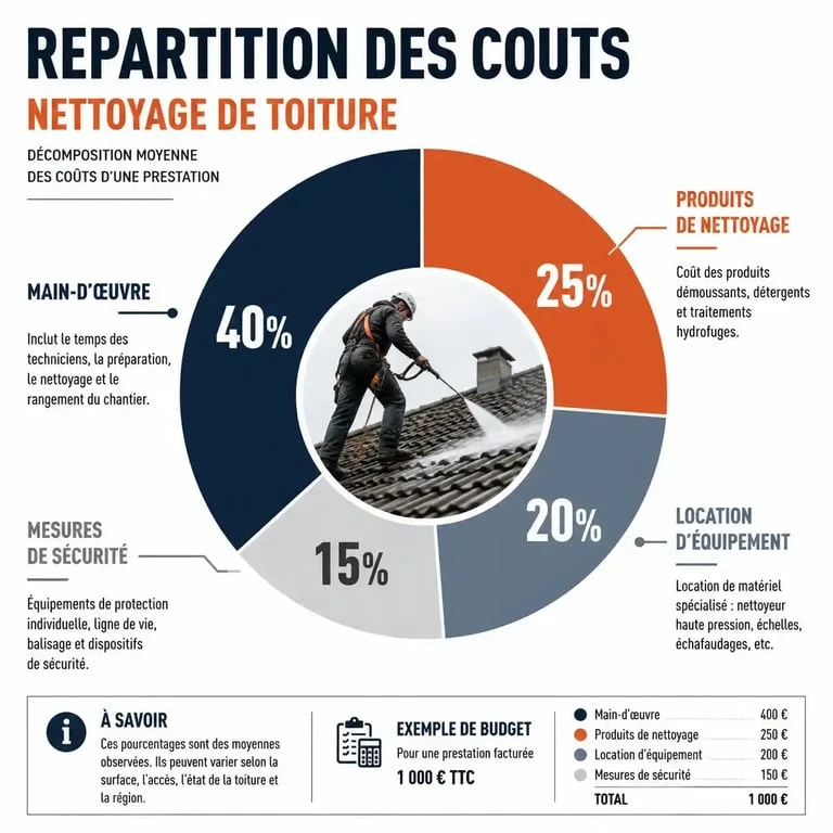 Infographie de la décomposition des coûts pour un exemple de devis de démoussage de toiture