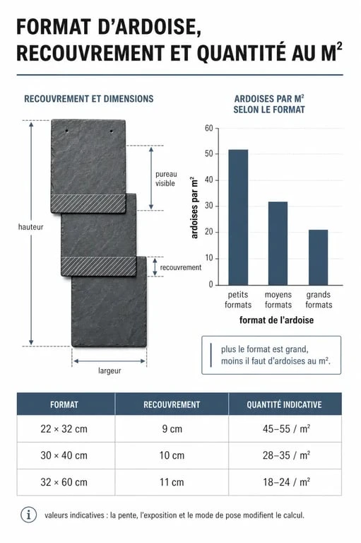 Infographie explicative sur le calcul du nombre d'ardoises au m2 selon le format et le recouvrement