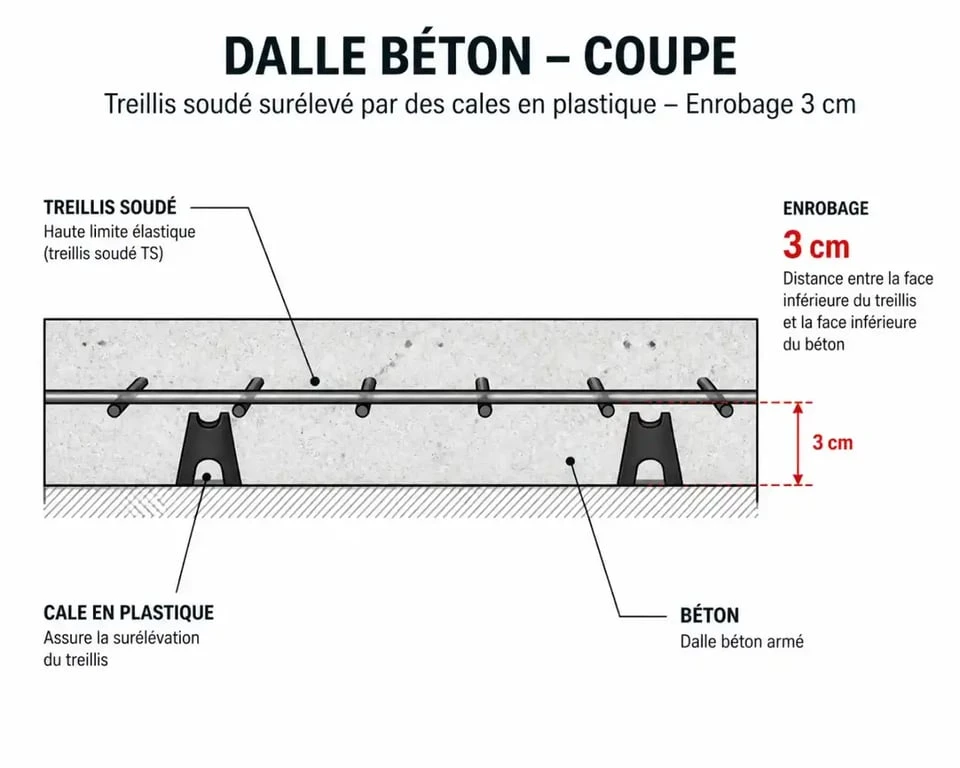 Schéma de ferraillage d'une dalle béton avec enrobage et cales
