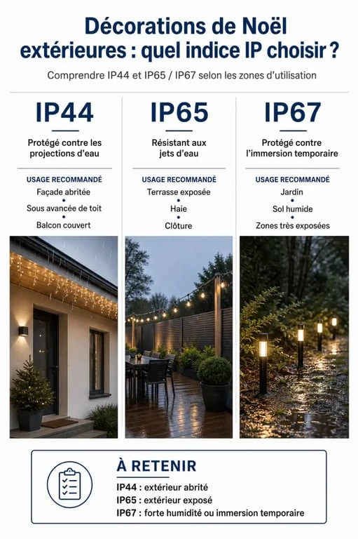 Infographie des indices de protection IP pour la décoration de Noël extérieure et sécurité électrique