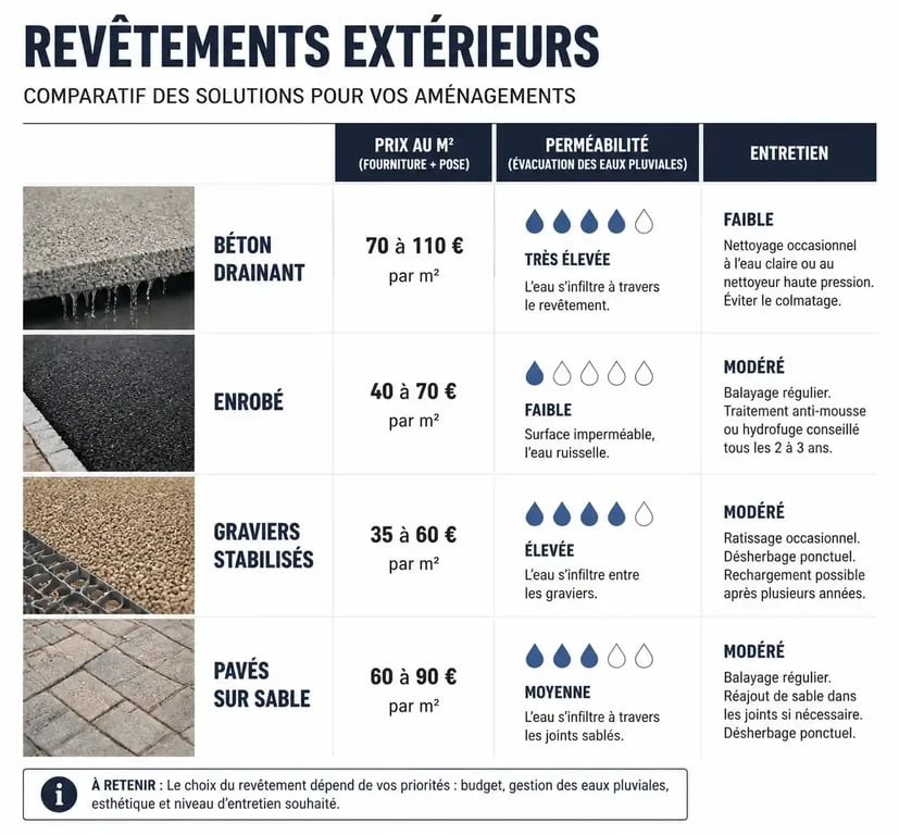 Comparatif des prix et caractéristiques du béton drainant et autres revêtements extérieurs au m2
