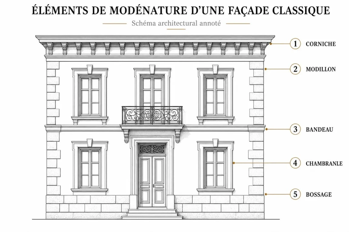 Schéma illustrant les différents éléments de modénature sur une façade architecturale