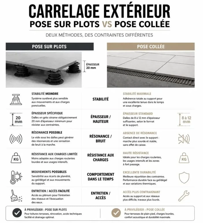 Infographie comparative des inconvénients et contraintes techniques du carrelage sur plot pour terrasse extérieure