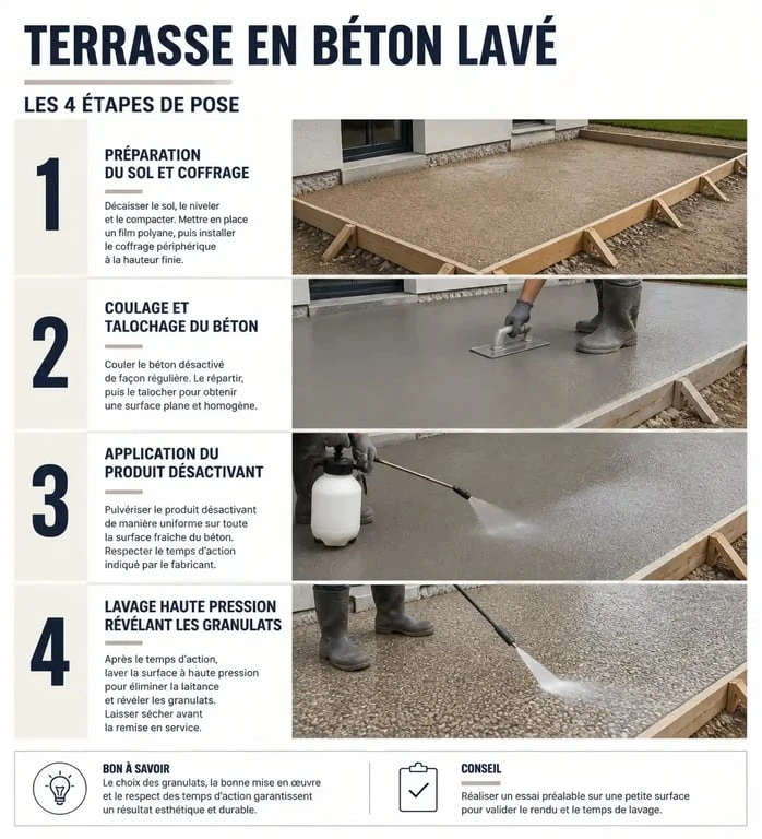 Infographie des étapes de pose d'une terrasse en béton lavé