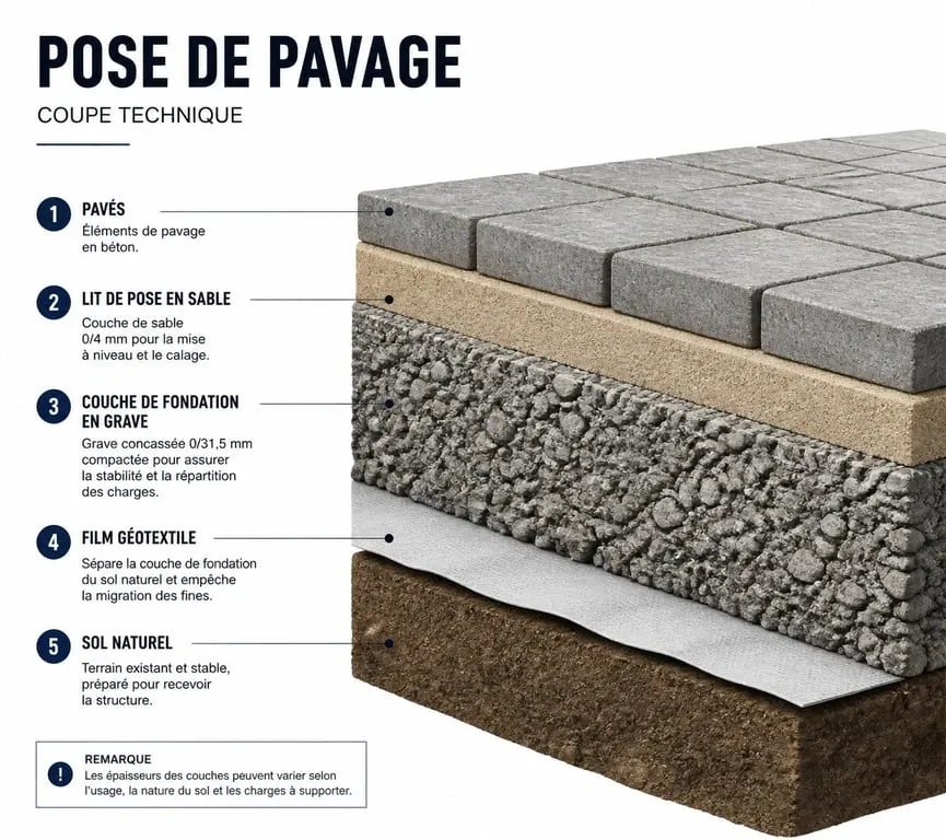 Schéma en coupe des étapes de pose de pavage pour une allée durable