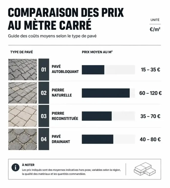 Comparatif des prix au m2 pour la pose de pavés selon le matériau : béton, pierre naturelle, pierre reconstituée et pavé drainant.