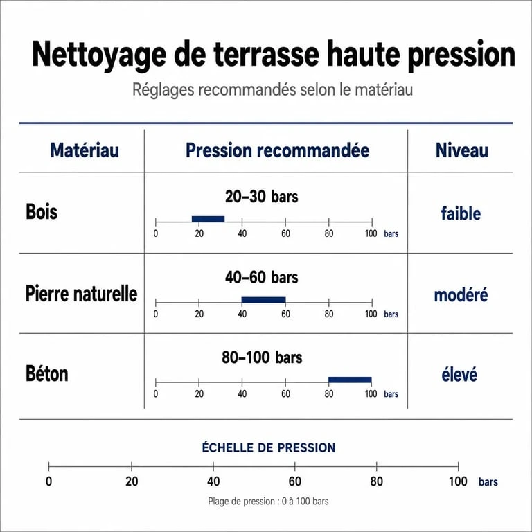 Infographie des réglages de pression recommandés pour nettoyer une terrasse avec un Karcher selon le type de matériau