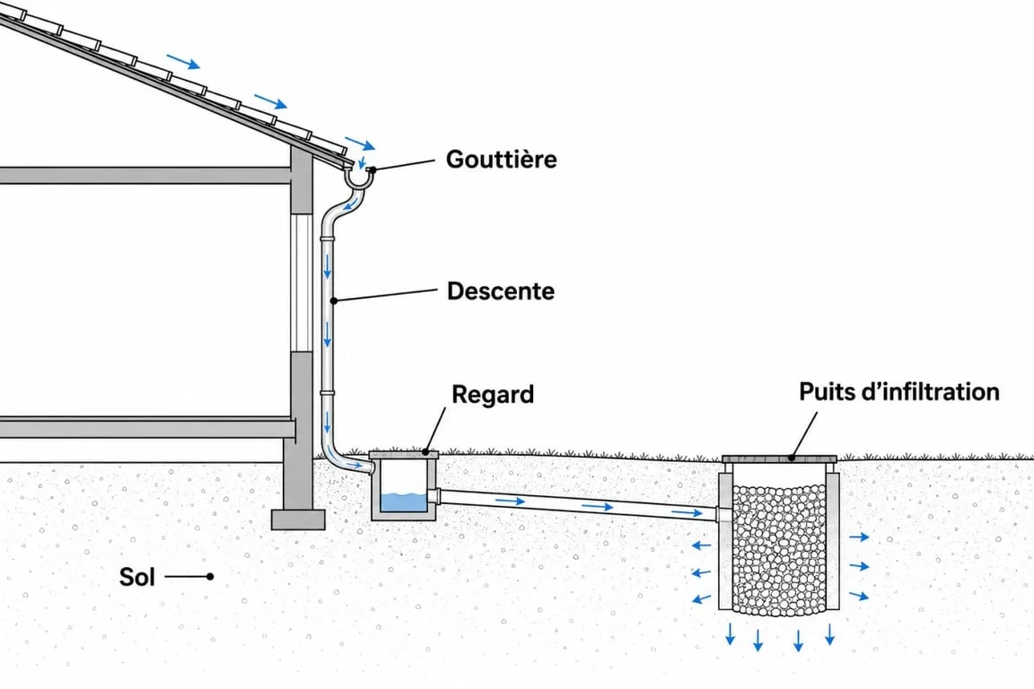 Schéma technique du système d'évacuation des eaux pluviales pour une maison individuelle