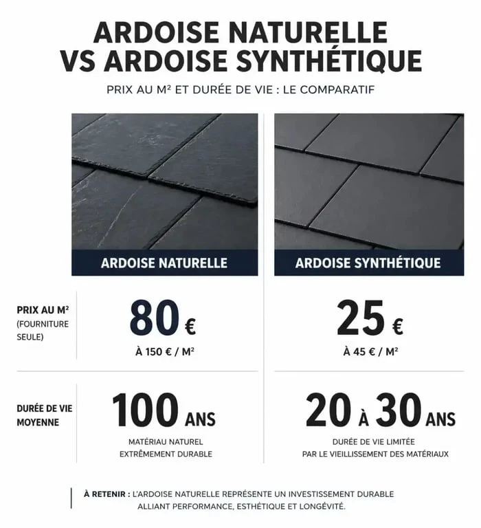 Comparatif prix au m2 et durée de vie toit en ardoise naturelle vs synthétique