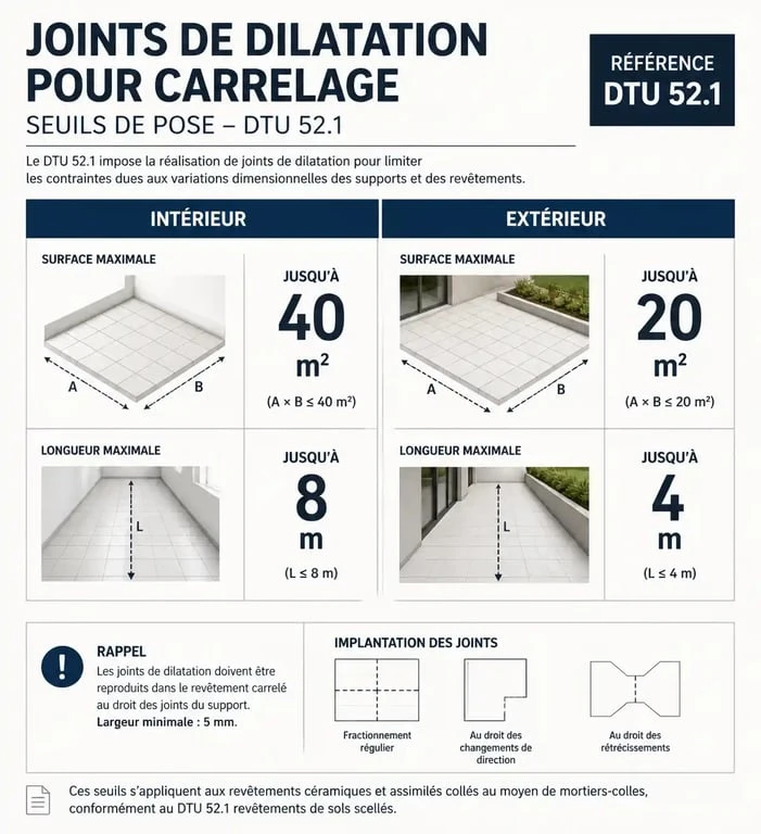 Infographie des seuils de pose pour joint de dilatation carrelage selon le DTU 52.1