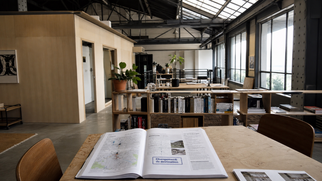 Intérieur d’un hangar aménagé en maison : loft avec poutres et baies vitrées