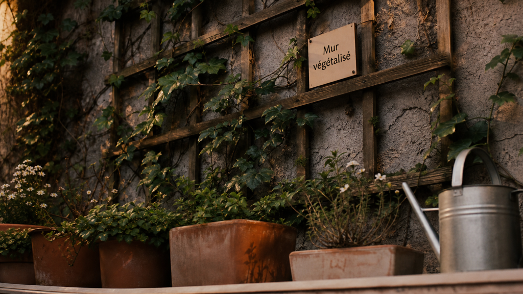 Idee pour cacher un mur exterieur : plantes grimpantes sur treillis