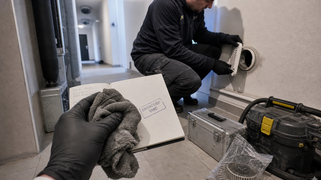 Maintenance VMC : technicien nettoie une bouche d’extraction