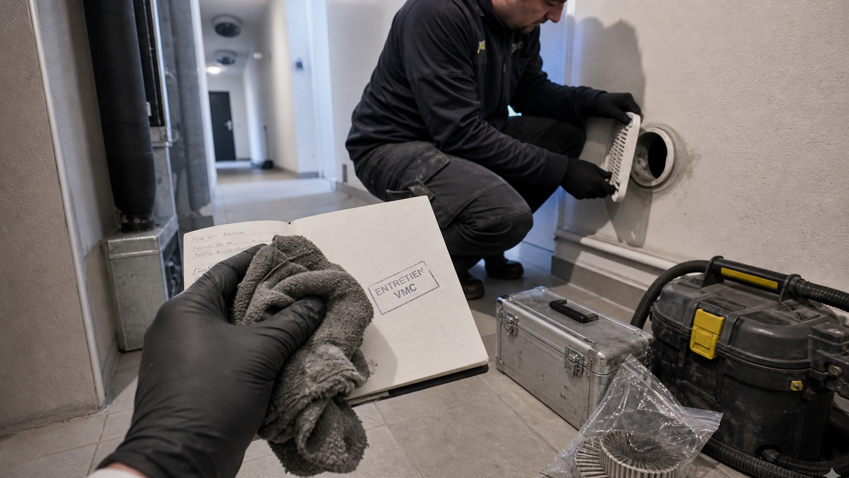 Maintenance VMC : technicien nettoie une bouche d’extraction