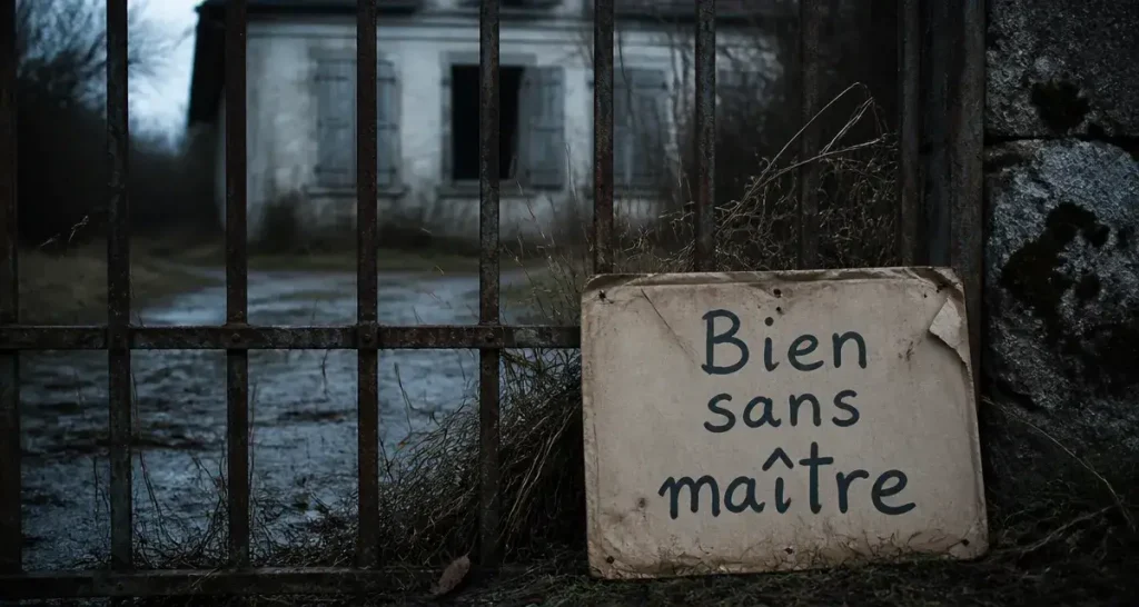Maison abandonnée avec panneau « Bien sans maître »