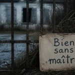 Maison abandonnée avec panneau « Bien sans maître »