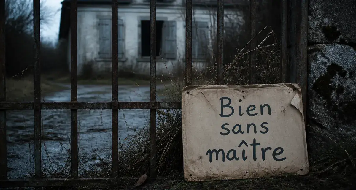 Maison abandonnée avec panneau « Bien sans maître »