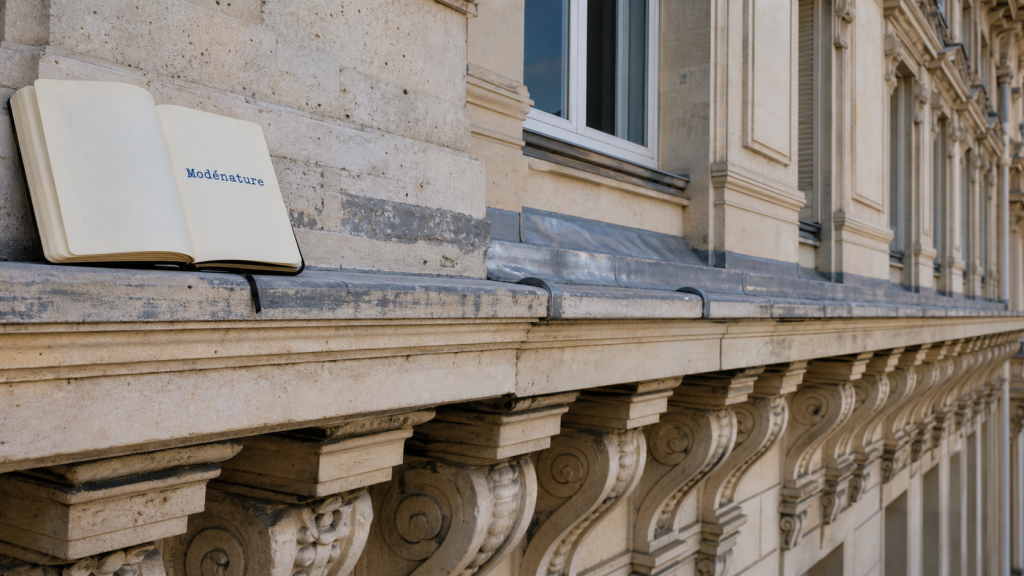 Modénature : corniche et modillons sculptés d’une façade haussmannienne en pierre