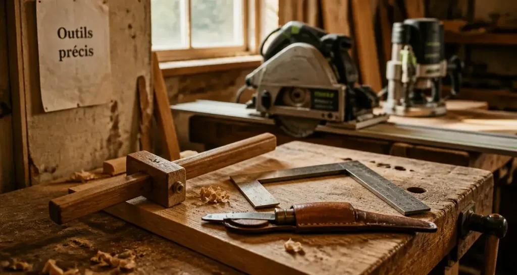 Outils pour menuisier : trusquin et équerre sur planche en bois