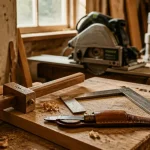 Outils pour menuisier : trusquin et équerre sur planche en bois