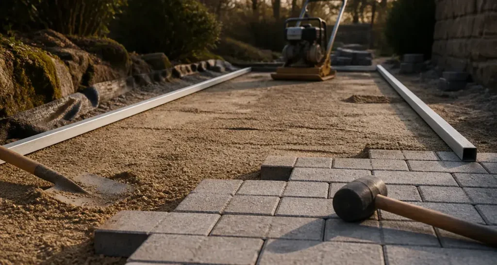 Pavé autobloquant pose : chantier allée durable sur lit de sable